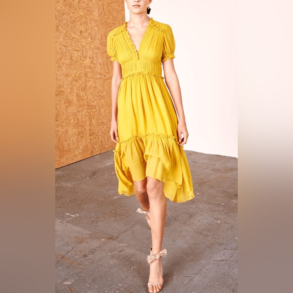 Ulla Johnson Sonja Honey Ruffled‎ Midi Dress Size 6 Romantic Silk Chiffon Flowy